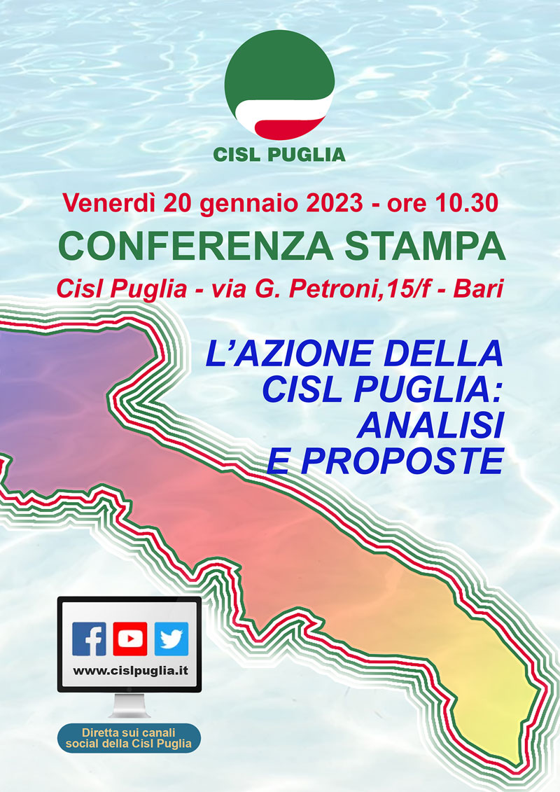 Venerdì 20 gennaio conferenza stampa della Cisl Puglia a Bari