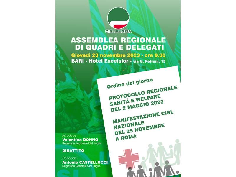Sanità: domani a Bari assemblea regionale della Cisl Puglia